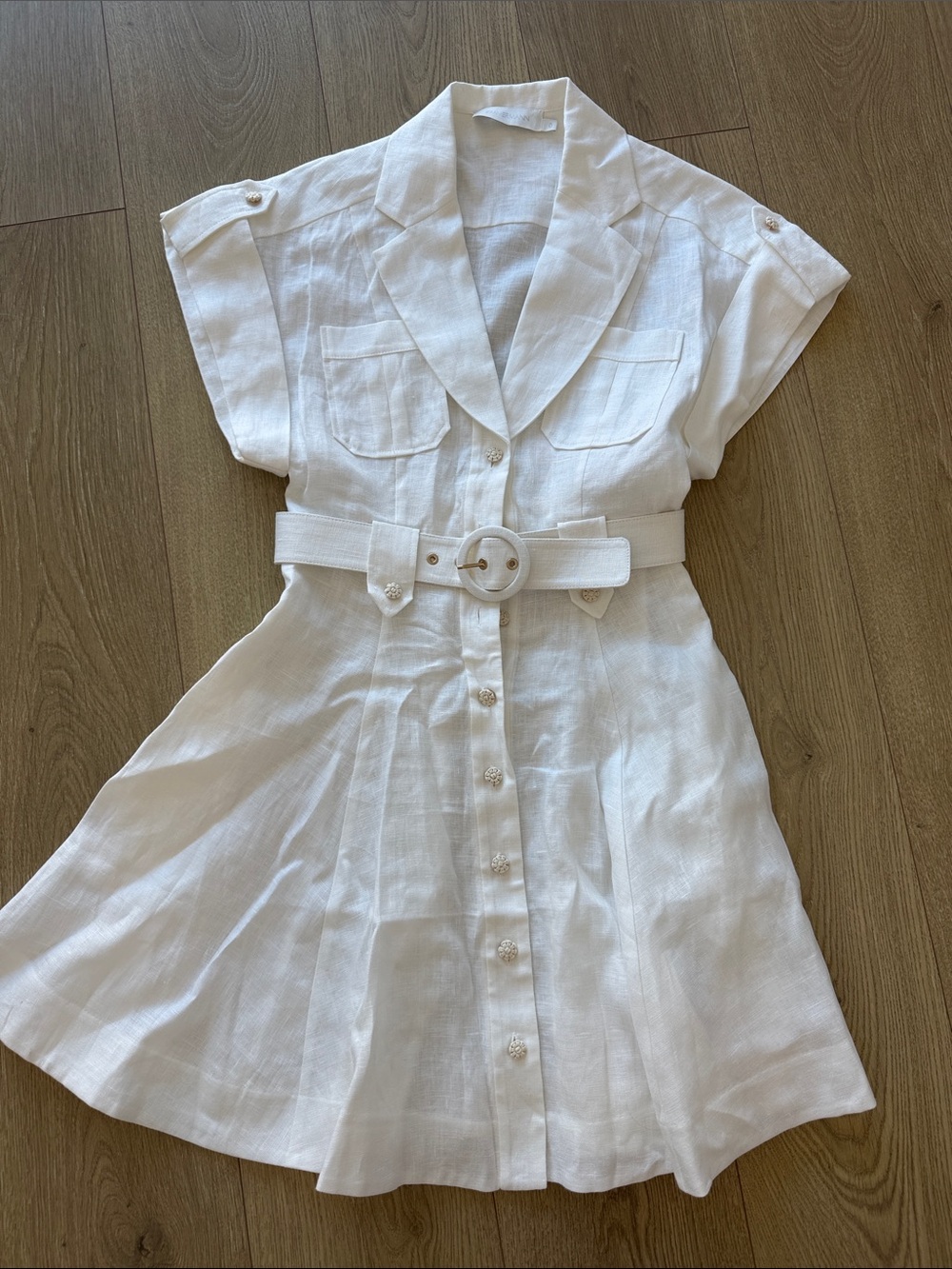 Zimmermann White Short-Sleeve Linen Belted Mini Dress, size 0 NWOT